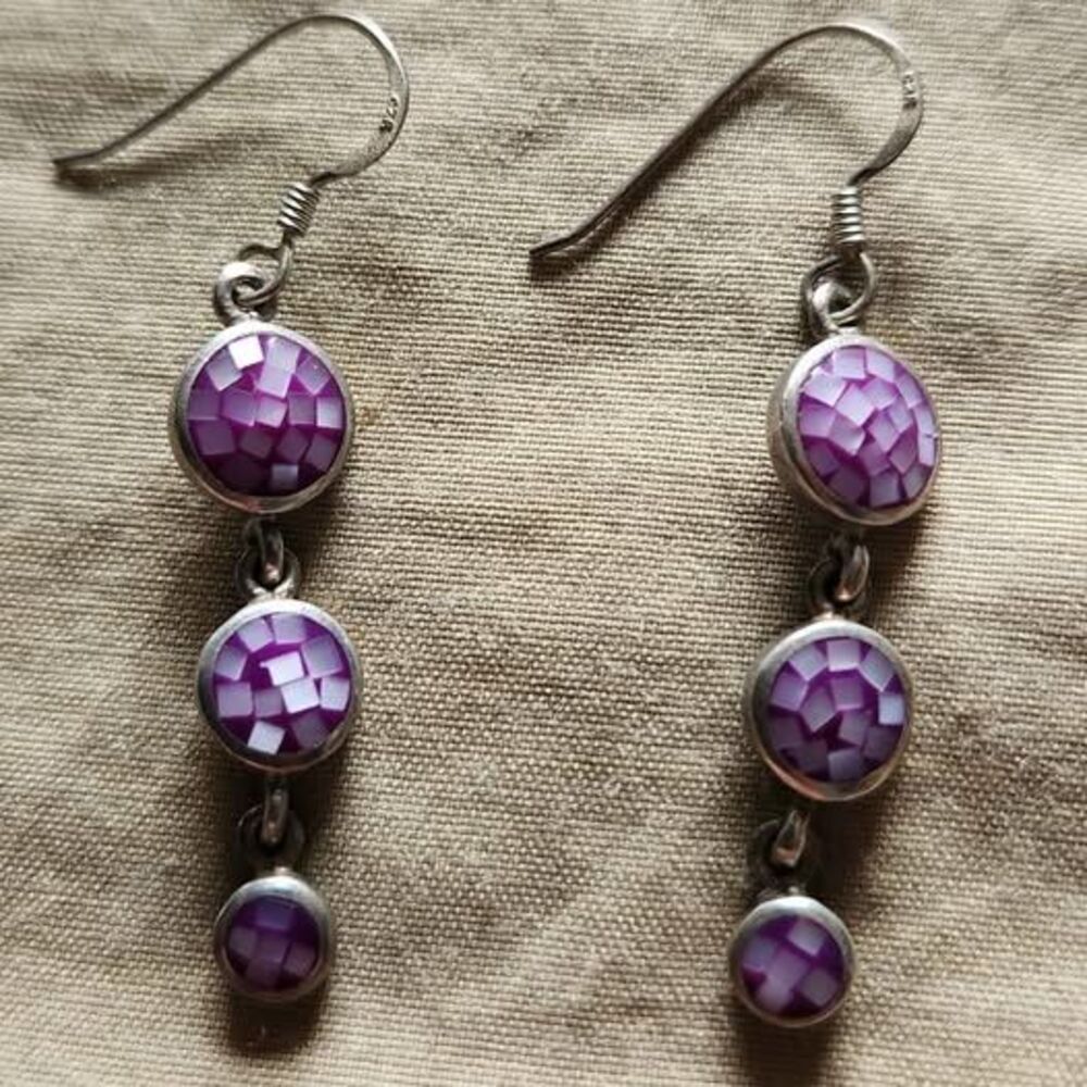 Sterling Silver 925 Purple Mosaic Inlay Dangle Earrings